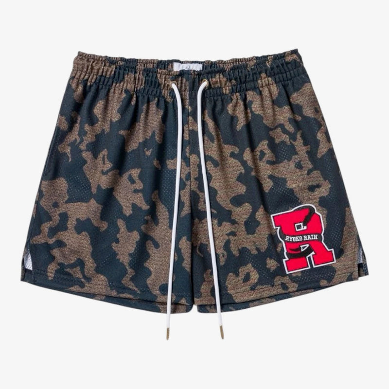 Ryoko Rain Varsity Camo Mesh Shorts — front view