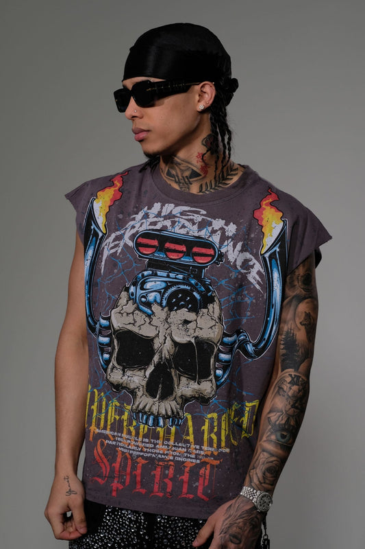 Eleve - Supercharged Spirit Sleeveless Tee - Charcoal — front view