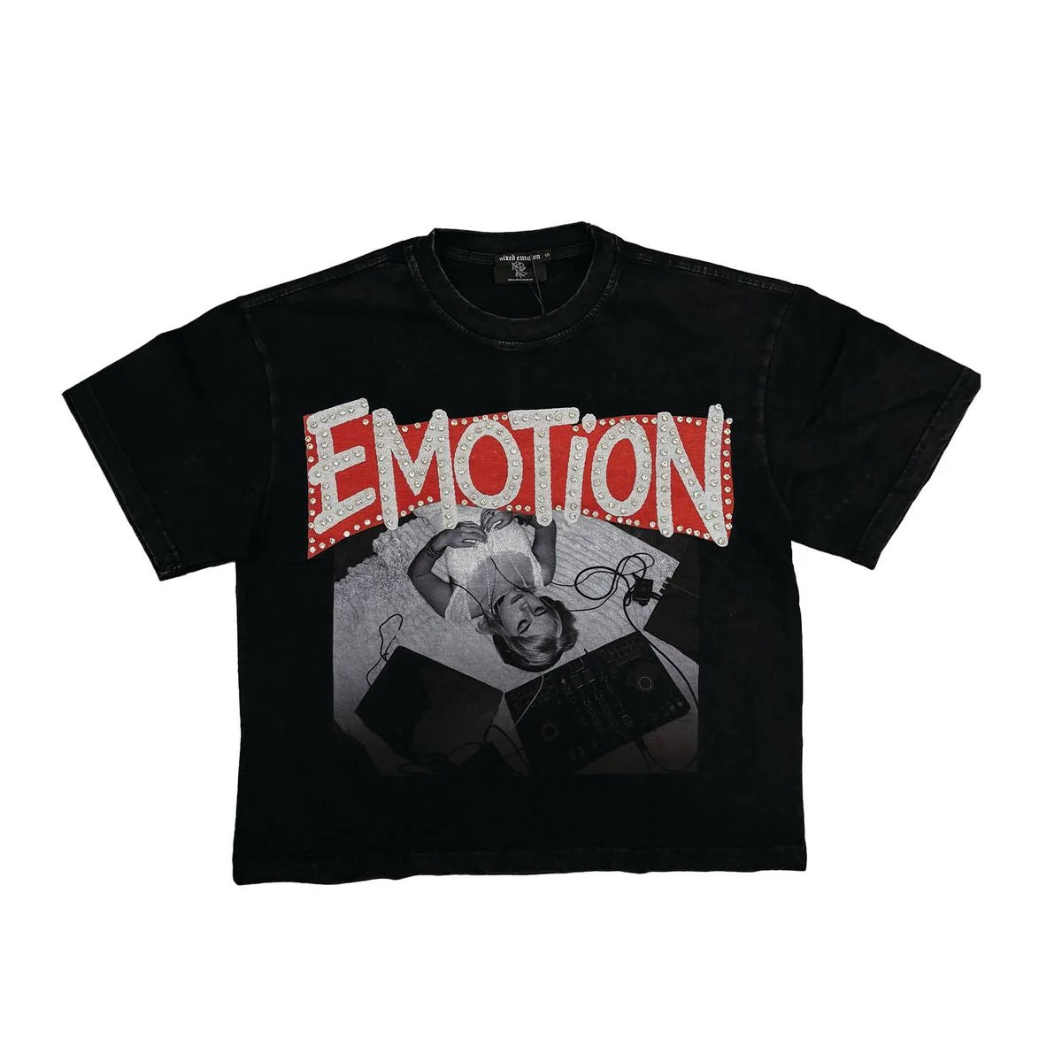 Mixed Emotion Emotion Rhinestone Tee - Black — front view