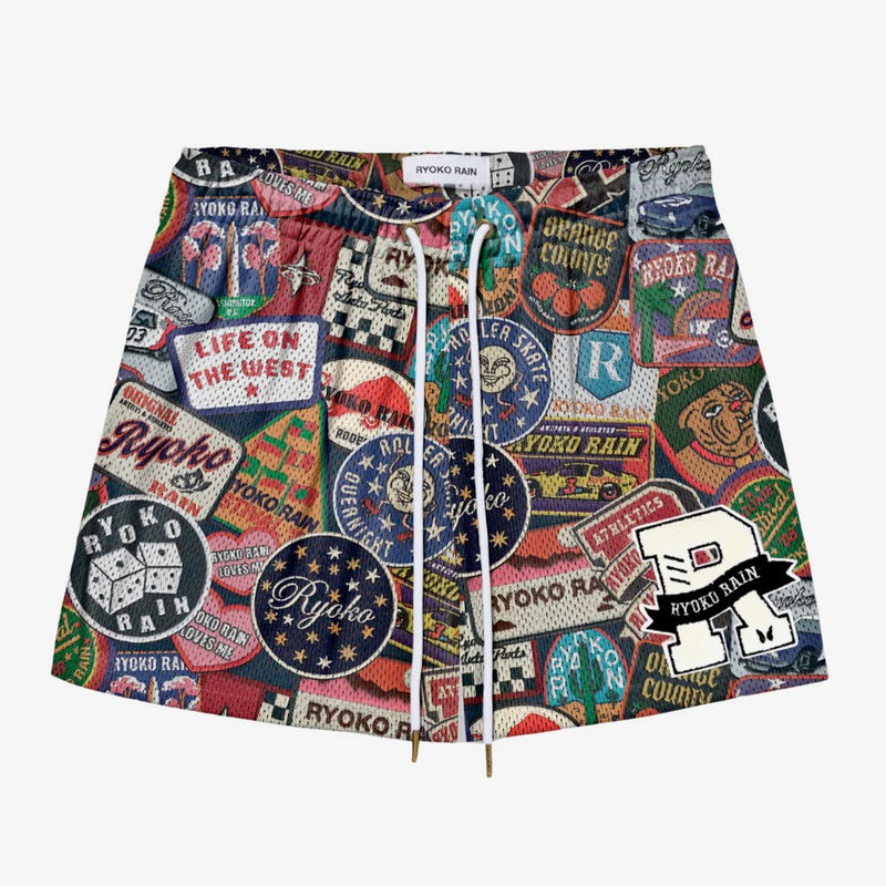 Ryoko Rain Patch Collage Mesh Shorts — front view