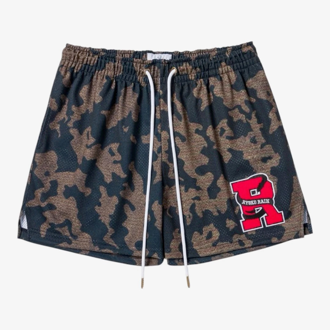 Ryoko Rain Varsity Camo Mesh Shorts — front view